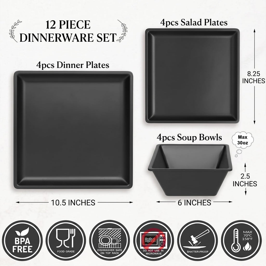 12 Piece Melamine Plates and Bowls Sets,Black Square Dinnerware Set for 4
