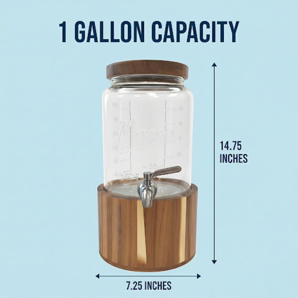 1 Gallon Glass Water & Lemonade Dispenser with Wooden Lid & Stand - Mason Jar Beverage Dispenser with Stainless Steel