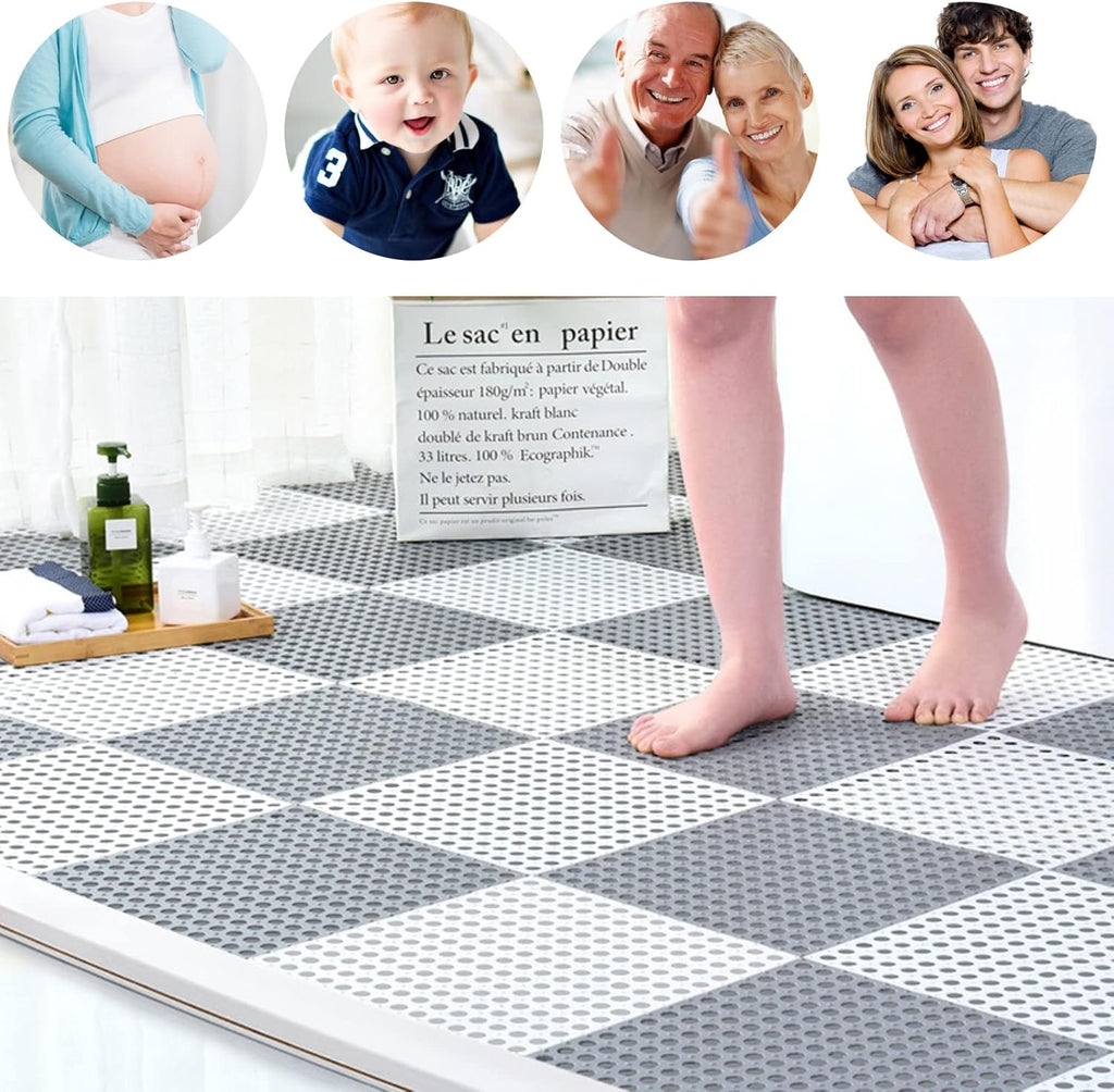 12 Pack 11.8" x 11.8" Interlocking Floor Tiles with Drain Holes Soft PVC Non Slip Shower Floor Mat Modular Interlocking