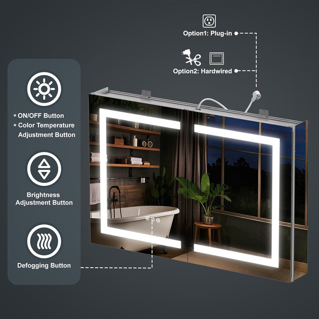 Upgraded Tempered-Mirror Medicine Cabinet with Lights 24x26 inch, Plug-in or Hardwired, Anti-Fog/3 Colors/Dimmable