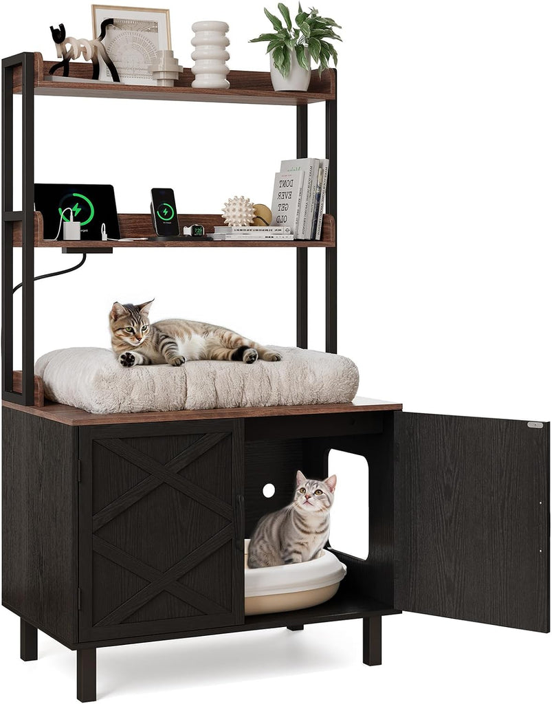 55 Inches Cat Litter Box Enclosure with 2 Storage Shelves, Black