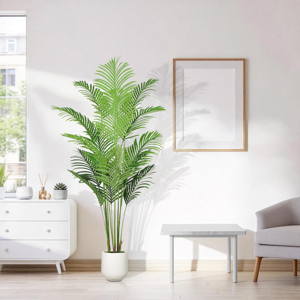 Artificial Palm Tree 6FT with White Planter, Realistic Faux Tropical Plant with Lifelike Green Leaves, Indoor