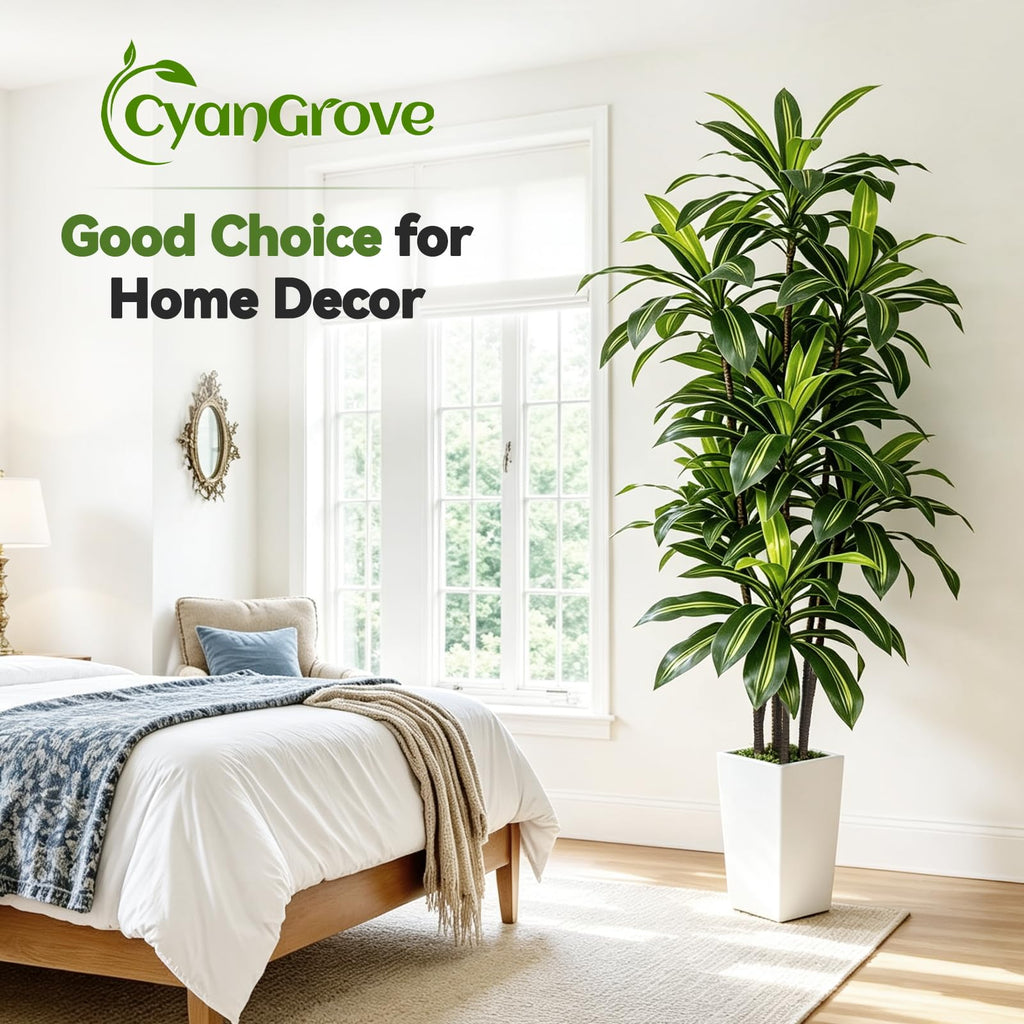 7FT Artificial Dracaena Tree with Tall White Planter - Large Fake Tree with Lifelike Leaves - Tall Faux Floor Plants