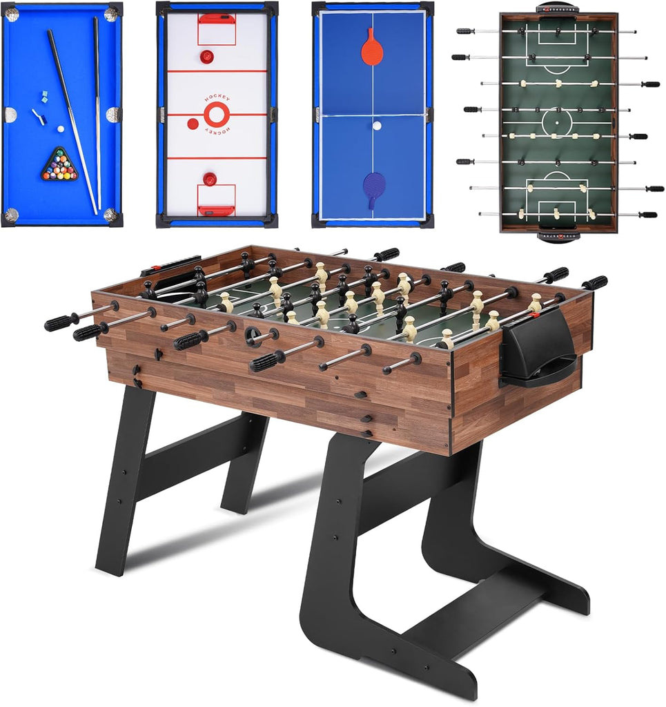 Foldable Multi Game Table, 4-in-1 Combo Game Table Set with Ping Pong, Hockey, Pool Billiards and Foosball for
