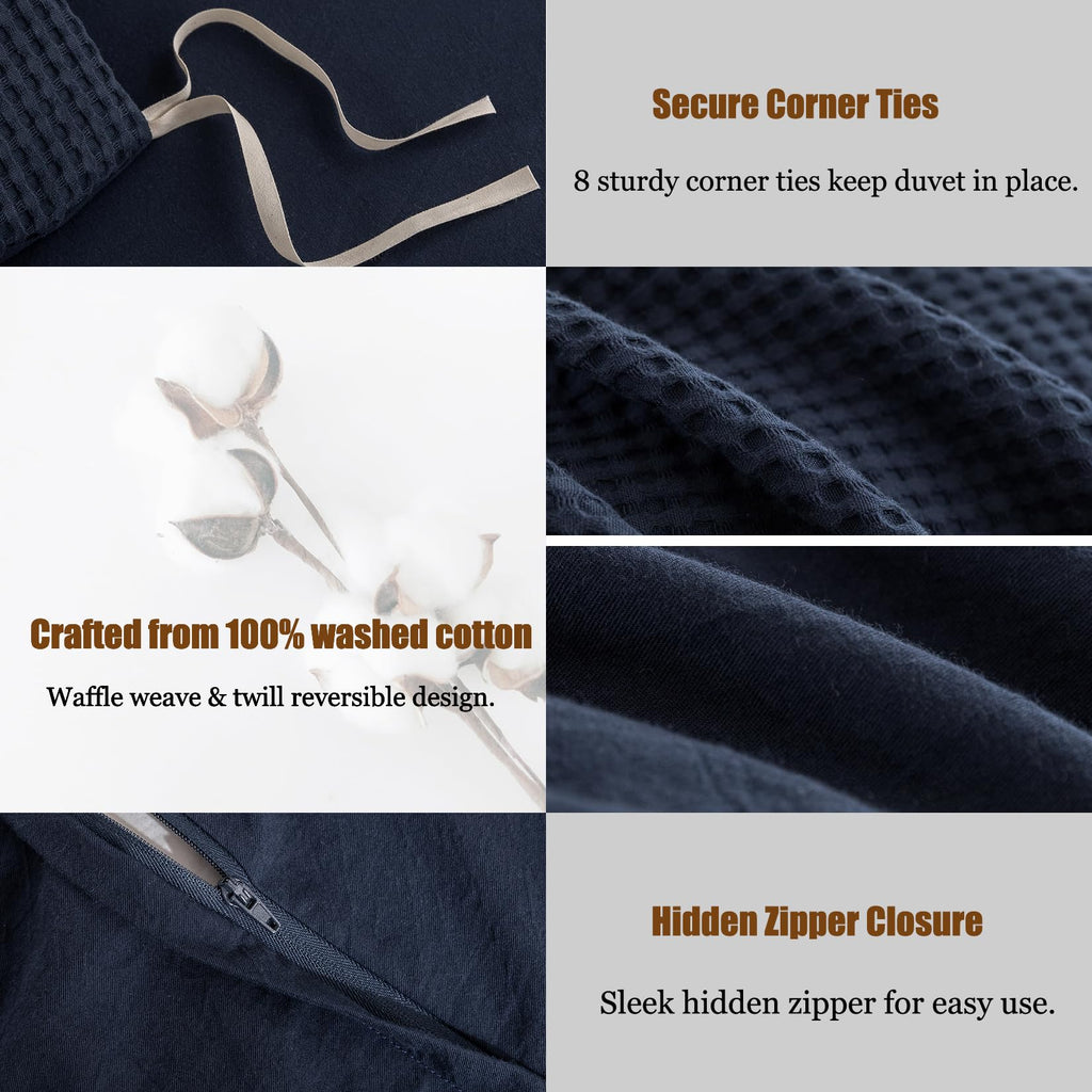 3Pcs Navy Blue Waffle Cotton Duvet Cover Set Super 98x90