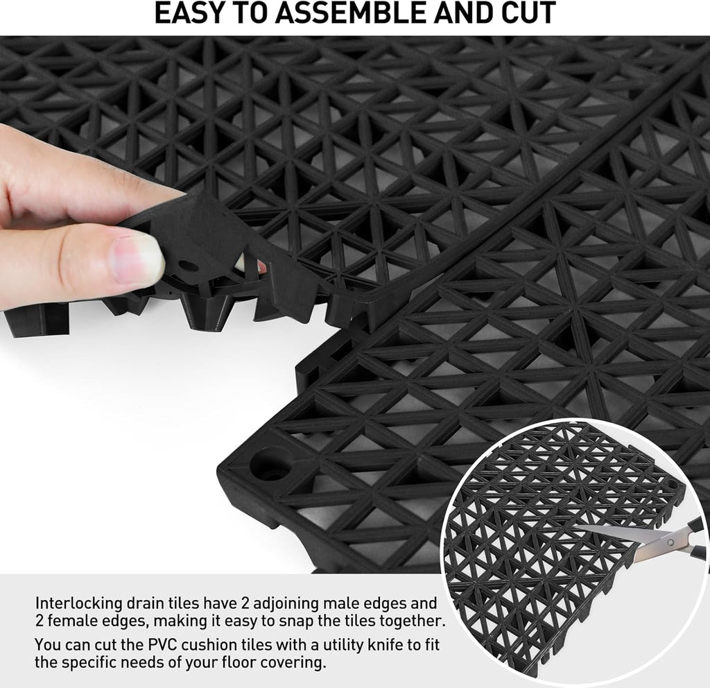 18 Pack 12" x 12" Modular Interlocking Floor Mats, Soft PVC Non-Slip Drainage Tiles, Splicing Rubber Cushion Flooring