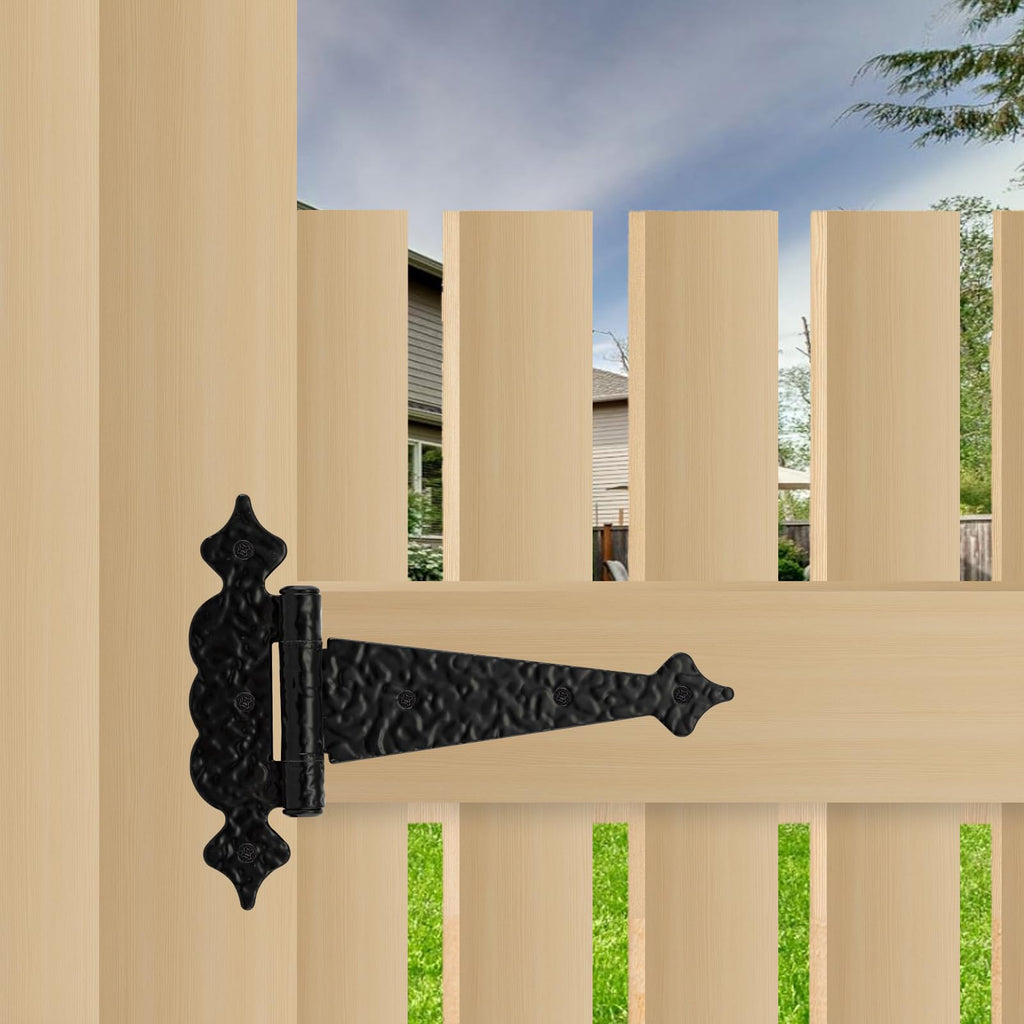 Heavy Duty Black Gate Hinges, 6 Inch Decorative Hammered Hinges, Outdoor T Hinges for Wooden Fences, Shed Door, Barn