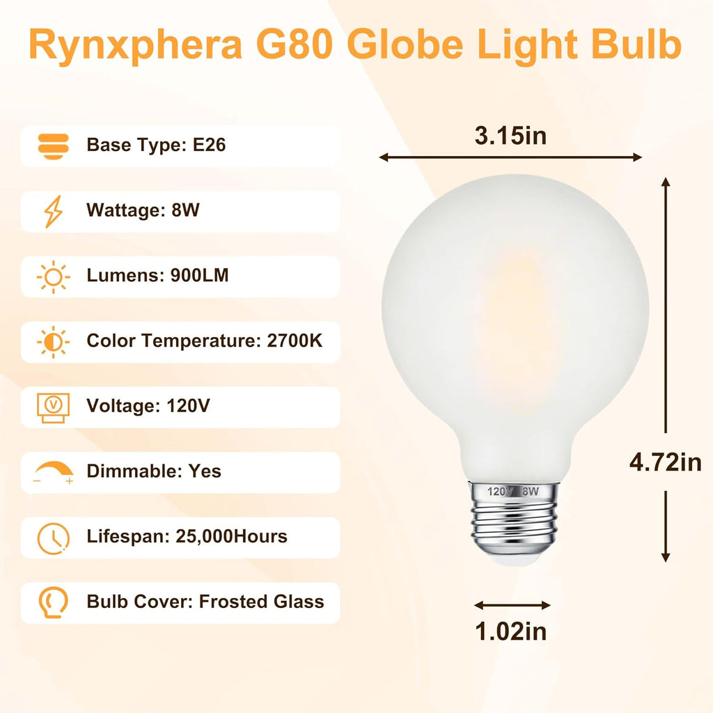 Globe Light Bulbs 60 Watt Equivalent, Dimmable 8W, 4 Pack