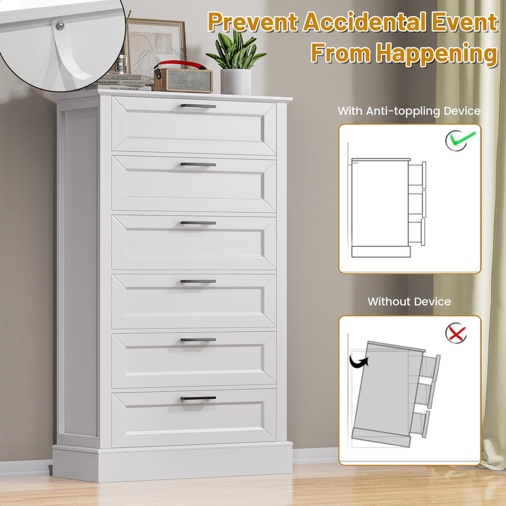 White 6 Drawer, 55 Inch Tall White, Modern Farmhouse Style Chest of Drawers Living Room, Wood Rustic Tall Clothing