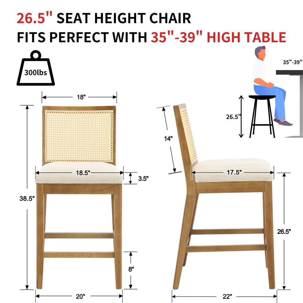 26.5" Rattan Bar Stools Set of 2 Modern Linen Fabric Upholstered Counter Height Bar Stools, Kitchen Island Barstools