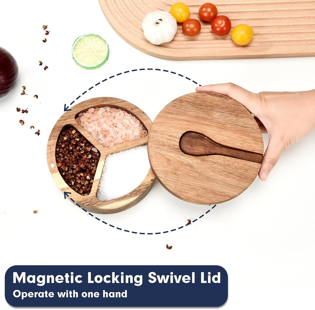 Wood Salt and Pepper Box, 3 Compartment Salt and Pepper Cellar With Lid and Spoon,Spice Condiment Container Countertop