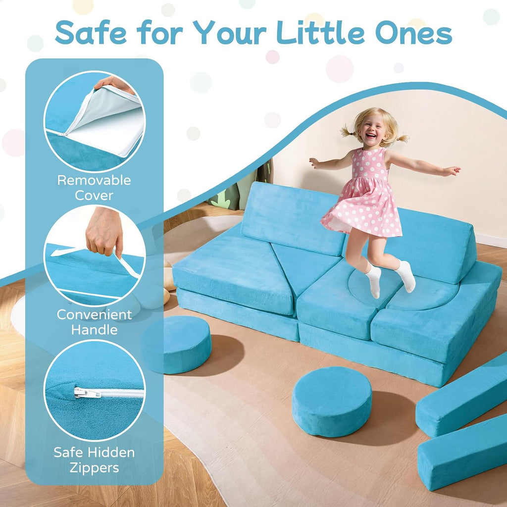 Modular Kids Play Couch, 14 PCS Convertible Foam Children Floor Sofa, Playroom Bedroom Nursery Furniture