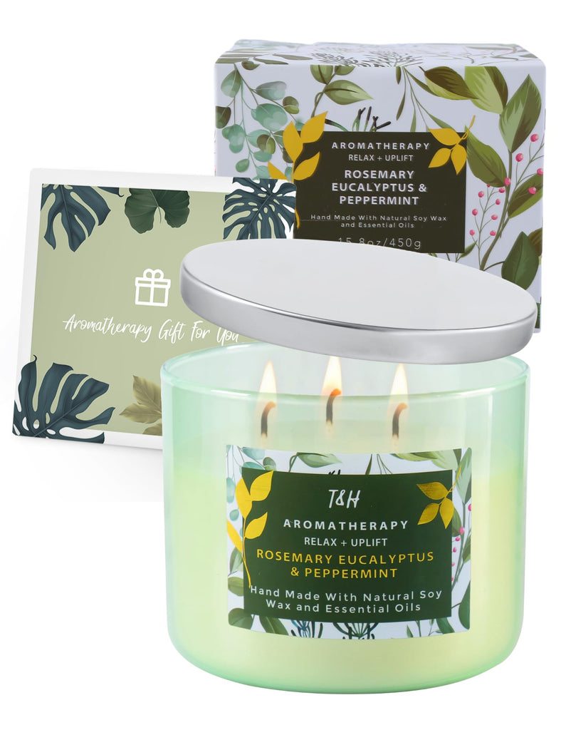 Rosemary Eucalyptus Peppermint Scented Candle, 3 Wick Soy Candle, 15.8 Oz