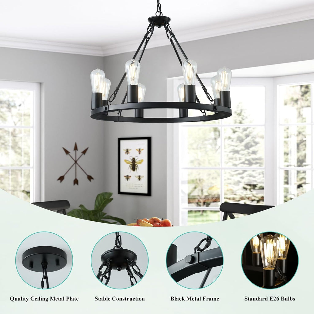 Inspired Camino Style Chandelier - 8 Lights Wagon Wheel Chandelier, Black Kitchen Island Lighting Fixture Round Metal Industrial Farmhouse Dining Room Pendant Light for Living Room Foyer Entryway,E26 Socket, 23.6". Height Adjustable A105-B0D78CXHYK
