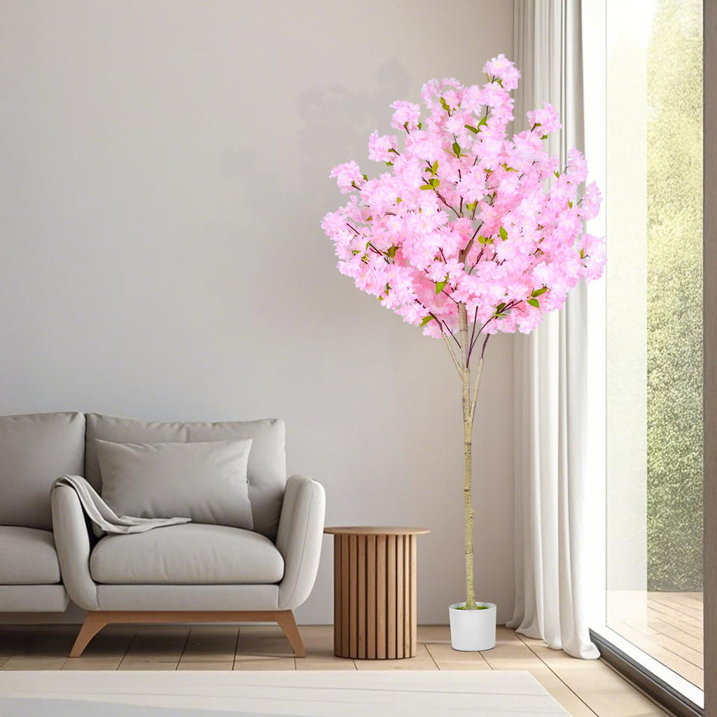 6FT Artificial Cherry Blossom Tree, Tall Fake Flower Tree with Realistic Pink Sakura Pot, Blooming Fake Plants