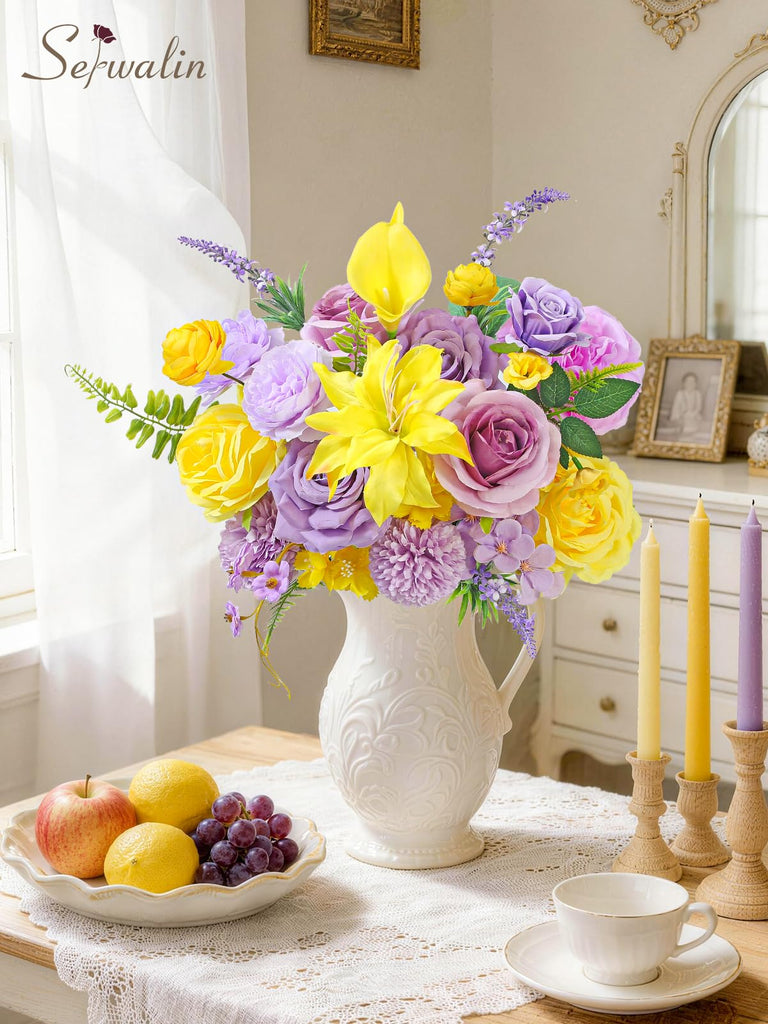 Artificial Yellow & Purple Flowers Silk Fake Rose Flower for Decor