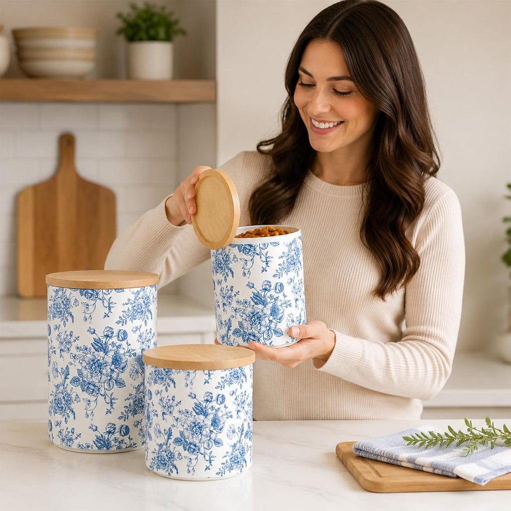 Chinoiserie Floral Ceramic Kitchen Canisters Sets Vintage Blue Flower Clear Storage Jar with Airtight Lids Kitchen - Set of 3