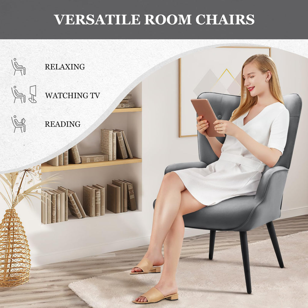 Grey Velvet Accent Chair Mid Century Modern Living Room Chairs; Comfy Armchair Leisure Vanity Guest Wingback Chair