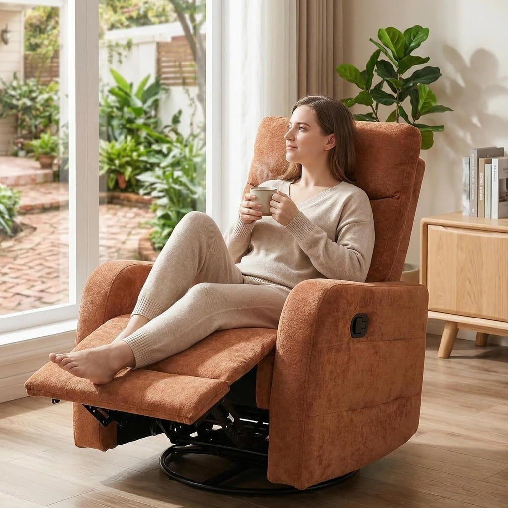 360° Swivel Glider Rocker Recliner Chair, Manual Reclining Fabric Lounge Chair with Side Pull Handle, Upholstered