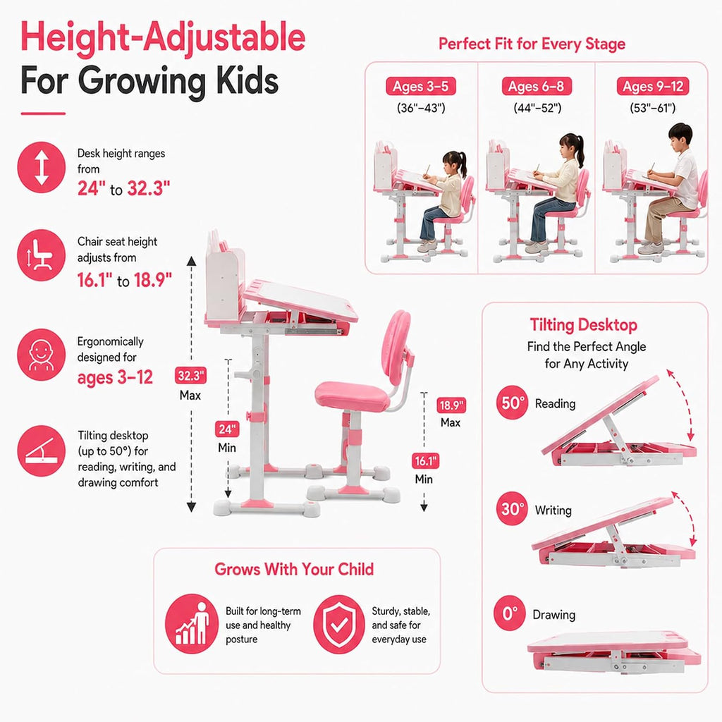 Kids Study Desk and Chair Set with Drawers, Adjustable Height Desk,Pink