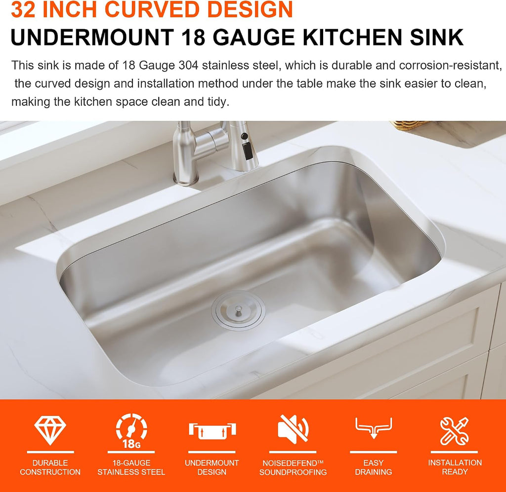 32 Inch Undermount Curved Single Bowl Kitchen Sink (Sink Only) | 304 Stainless Steel, 18 Gauge Thickness, Brushed