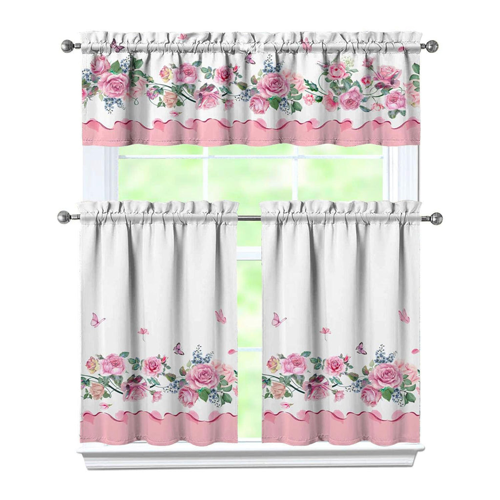 Rose Kitchen Curtain Valance Set of 3, Pink Floral Kitchen Decor Interior Decor, Farmhouse Countryside Kitchen