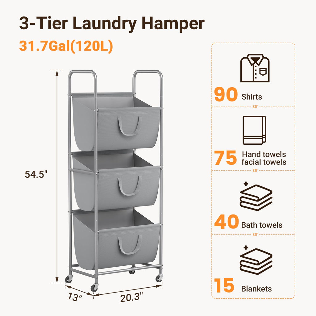 3-Tier Vertical Rolling Laundry Hamper with Wheels & Removable Bags