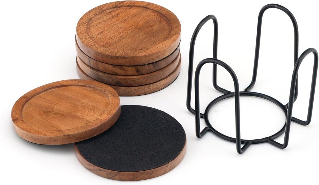 Acacia Wood Round Coasters with Holder - Absorbent Drink Coasters for Coffee & Dining Tables, Farmhouse Home - Set of 6