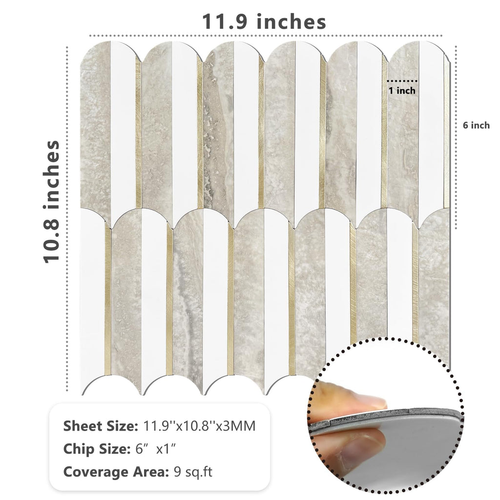 Peel and Stick Backsplash Seamless Tile ,White and Beige Slate PVC Mixed Light Gold Self Adhesive Fish Scale Metal