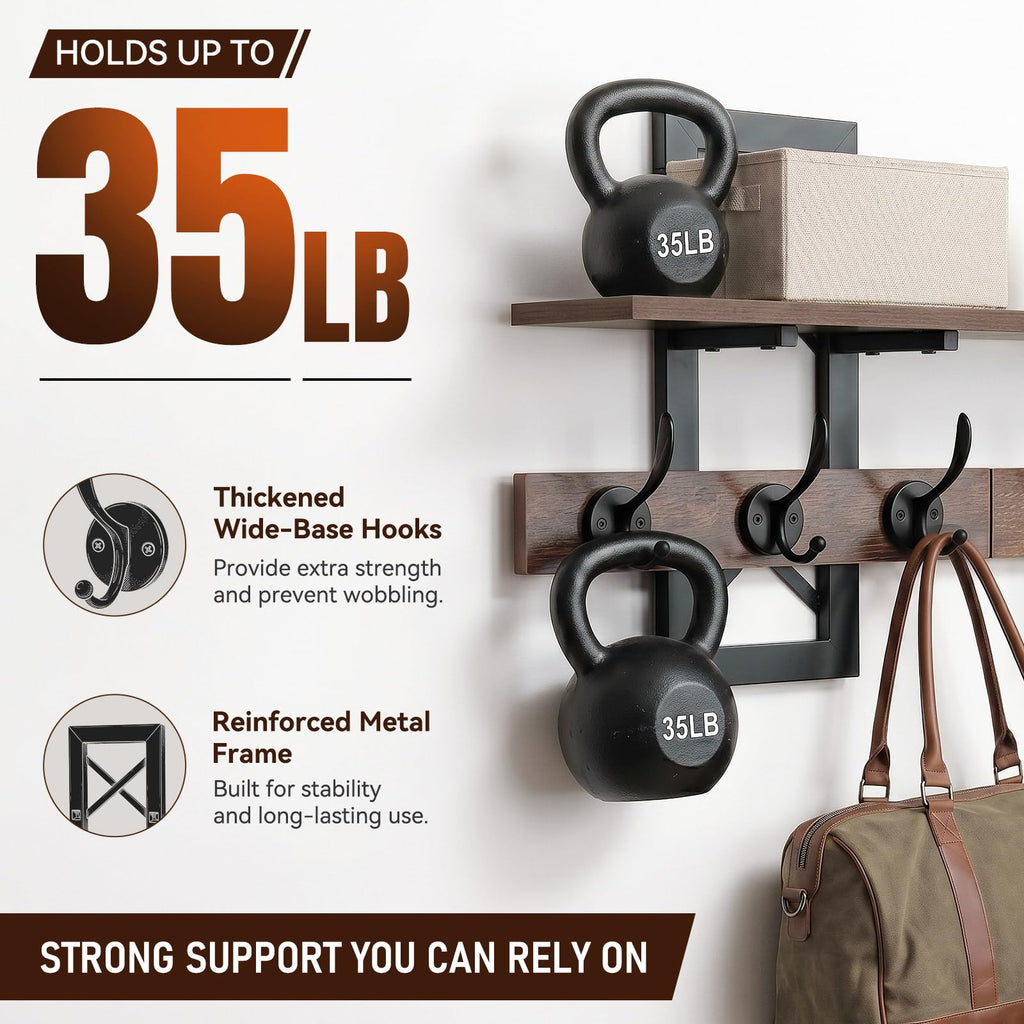 33.86" Wall Mounted Coat Rack with Shelf, Heavy Duty Entryway Wall Organizer with 6 Dual Hooks and Key Holder, Rustic
