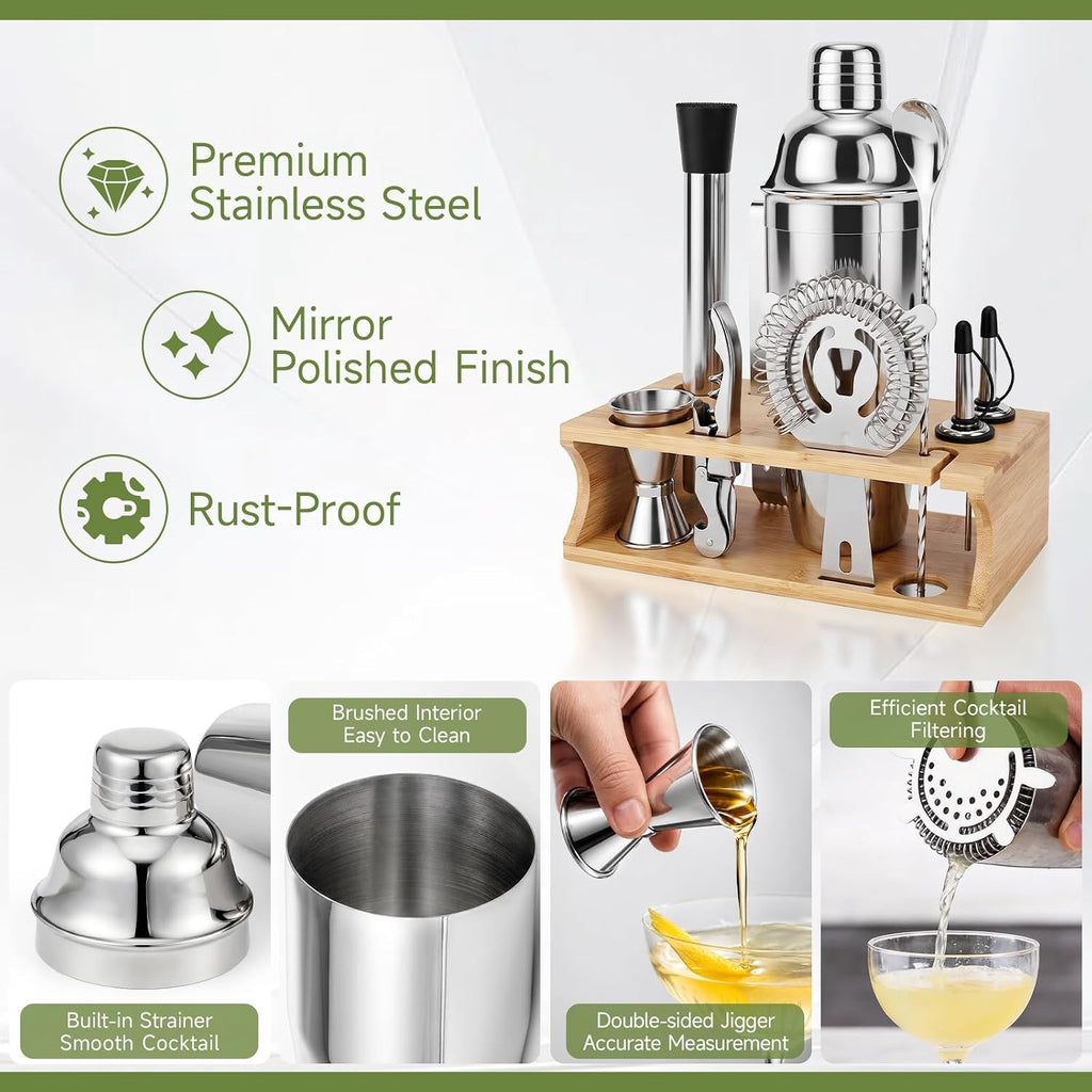 Stainless Steel Cocktail Shaker Set Bartender Kit with Stand - Set of 10