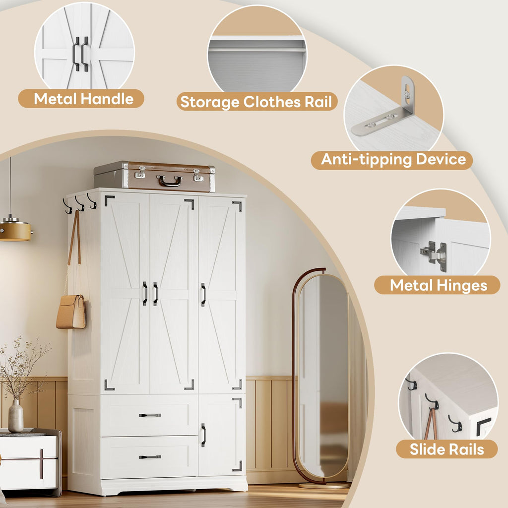 Armoire Wardrobe Closet 71" with 4 Doors & 2 Drawers, White