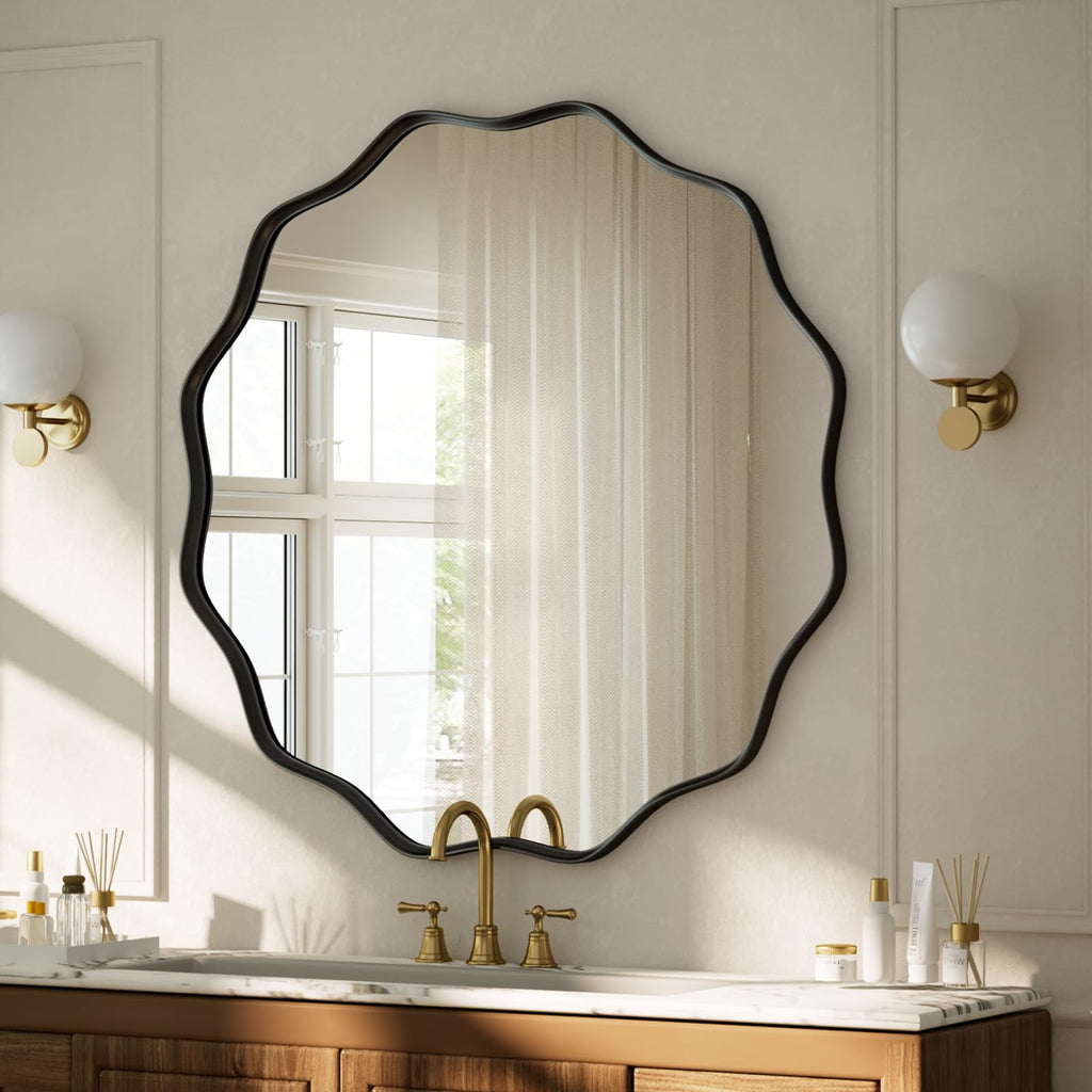 Black Scalloped Circle Mirror 30" Wavy Edge Round Wall Mirror