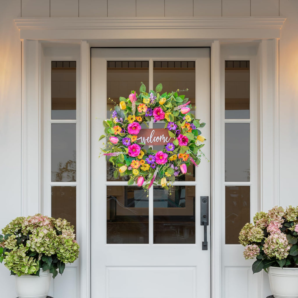 Spring Wreaths for Front Door Outside - 24 Inch Artificial Tulip & Wildflower Summer Wreath with Green Eucalyptus