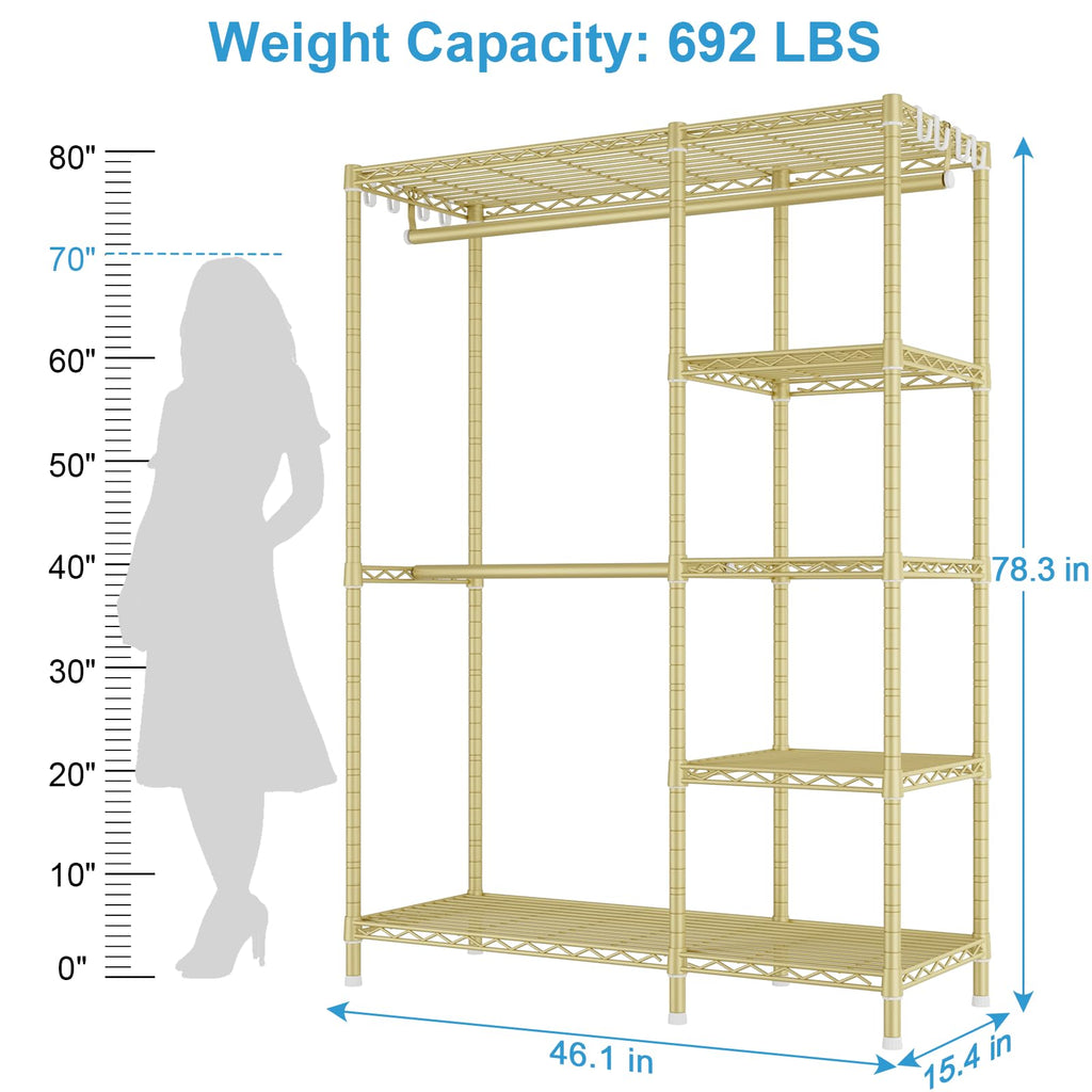 F2 Clothes Rack, 5 Tiers Heavy Duty Garment Rack, Load 692lbs, Gold
