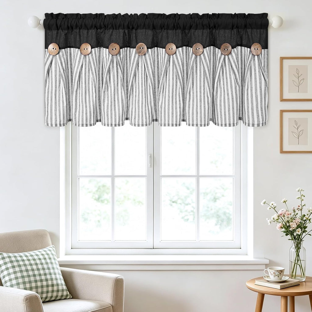Cotton Linen Kitchen Valance Curtains, Boho Rustic Button Linen Valances for Windows Farmhouse, Black with Grey