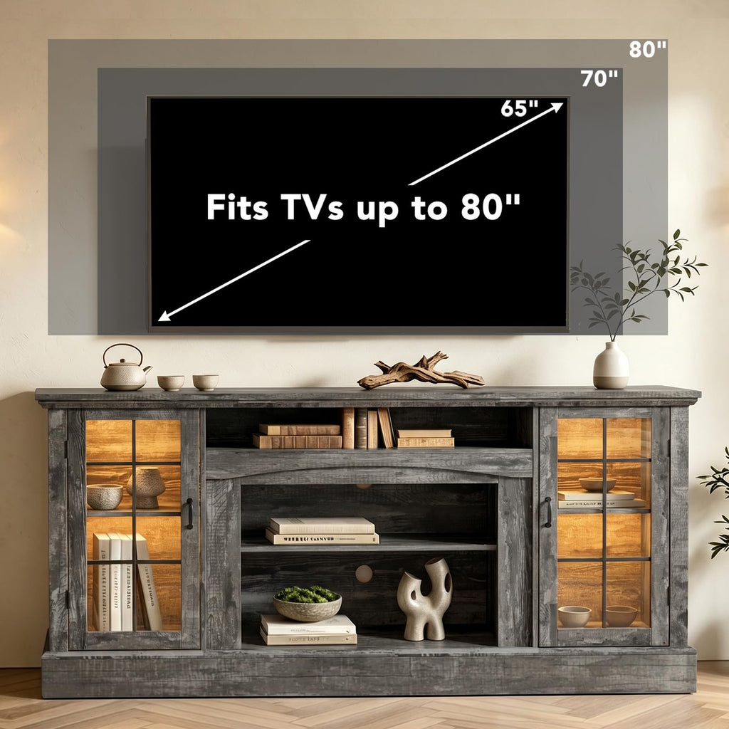 70" Farmhouse TV Stand for 80 Inch TV, Entertainment Center with Storage Cabinets, Media Console Table, Grey
