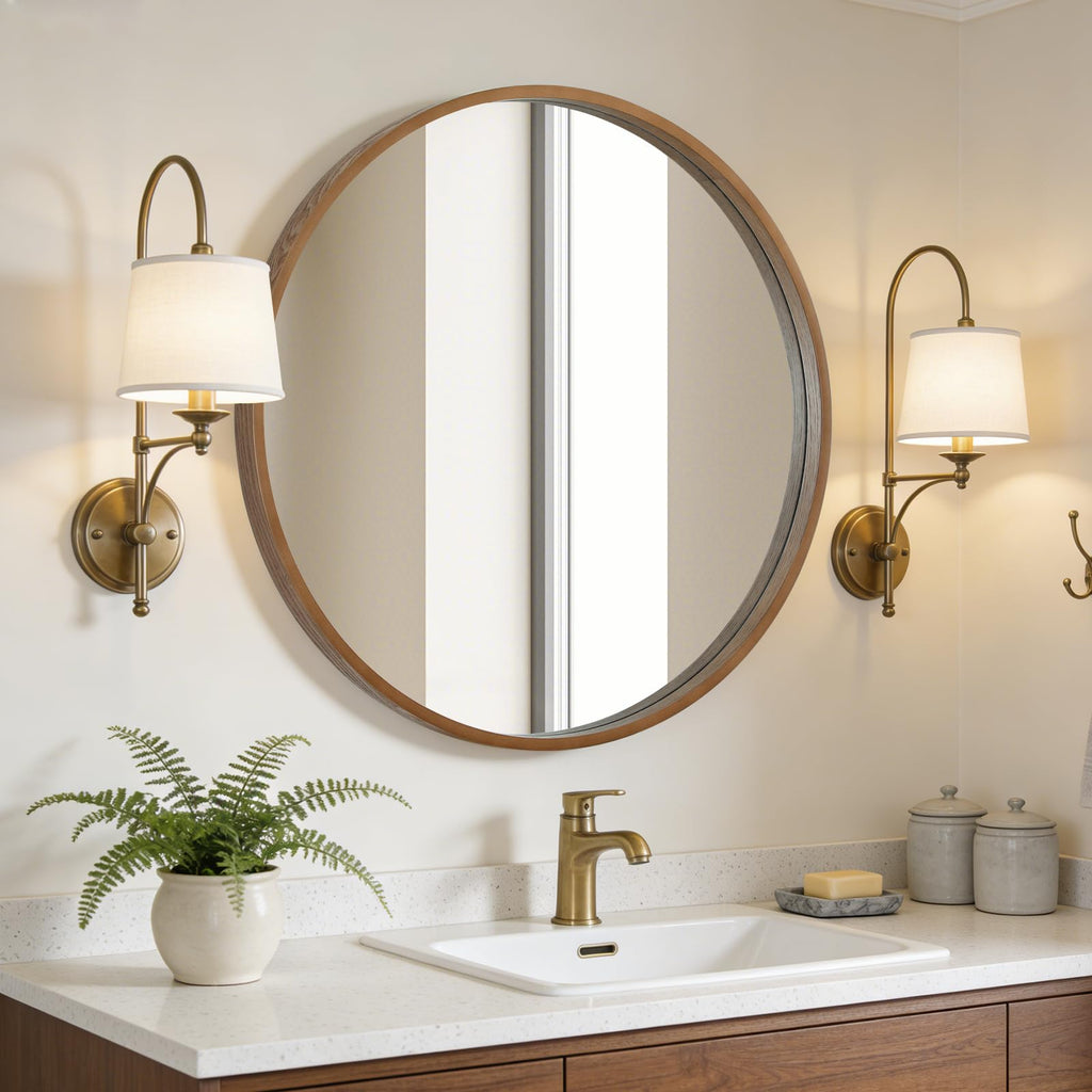 Round Wood Mirror, 32" Round Modern Decoration Large Circle Wall Mirror Living Room Bedroom Entryway, Walnut