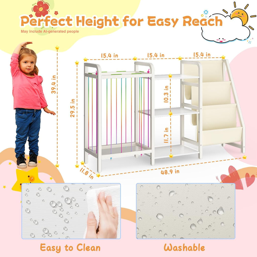 B1 Kids Bookshelf and Toy Storage, Book Shelf for Kids Rooms White | 3-Tier Sling Baby Bookcase with Stuffed Animal