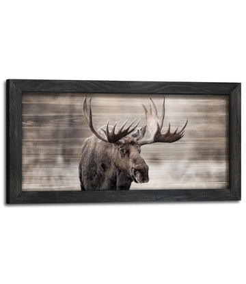 Large Moose Wall Art, Rustic Framed Wood Wildlife Print Decor, 40x20 Inch