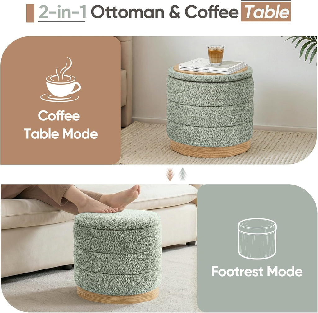 Round Storage Ottoman with Reversible Tray Lid, Folding Chenille Fabric Footrest with Hidden Storage, 15.4" Footstool