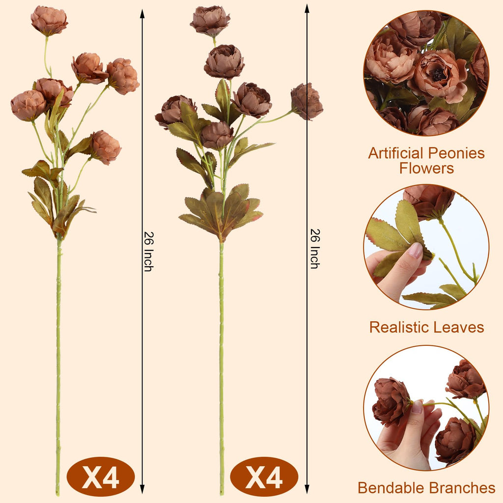 8 Pcs 26'' Fall Artificial Peonies Stems, Tan, Light Orange, 8 Pcs