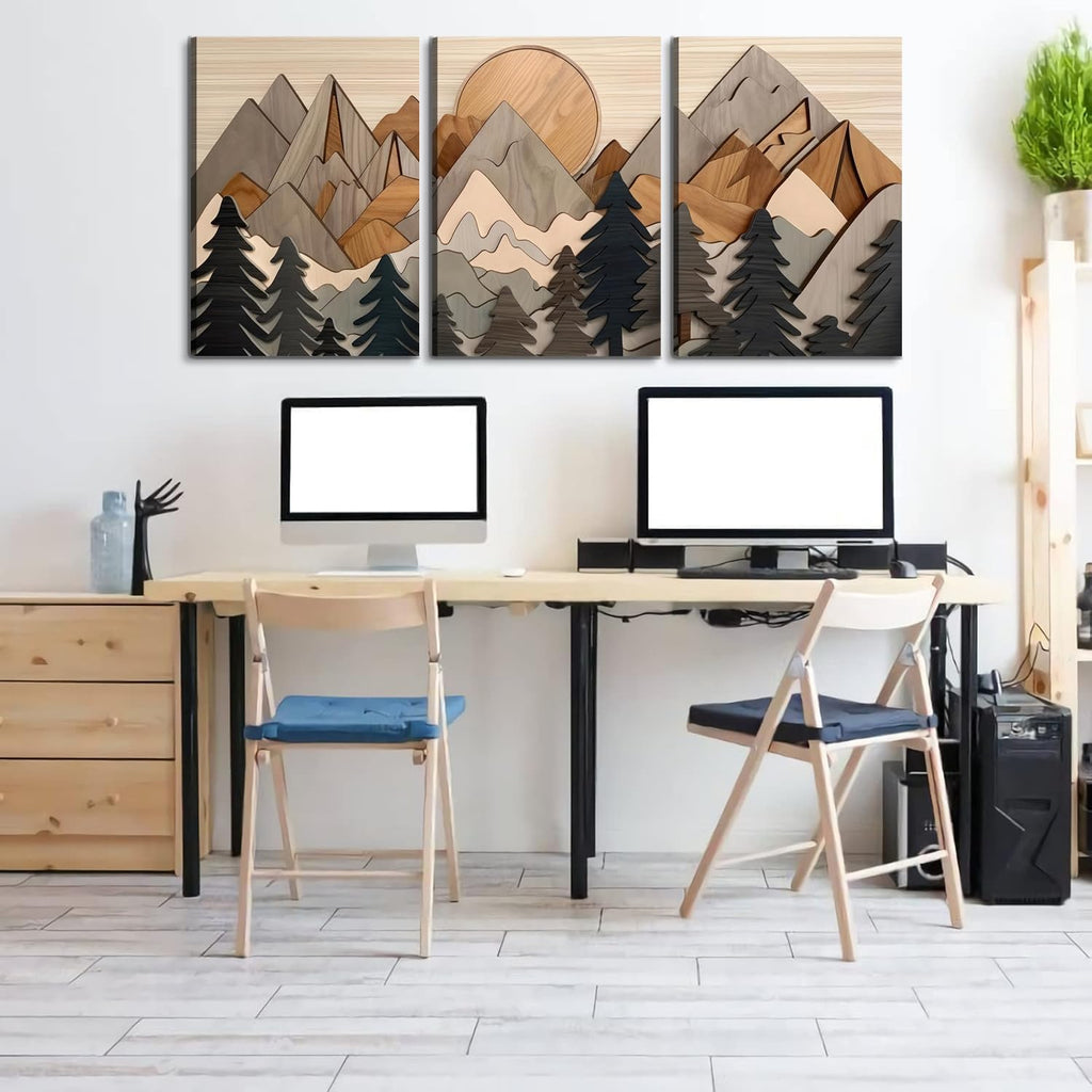 Set of 3 Mountain canvas Wall Art Large Forest Wall Decor pictures Woodcut Wooden Landscape poster Prints Abstract