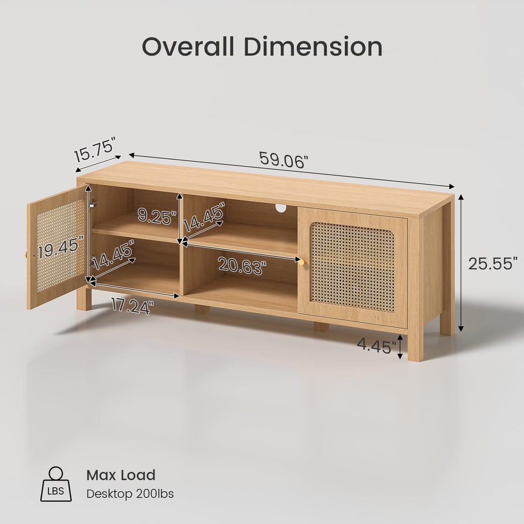 Rattan TV Stand with Adjustable Shelf and Open Shelves, Natural Oak