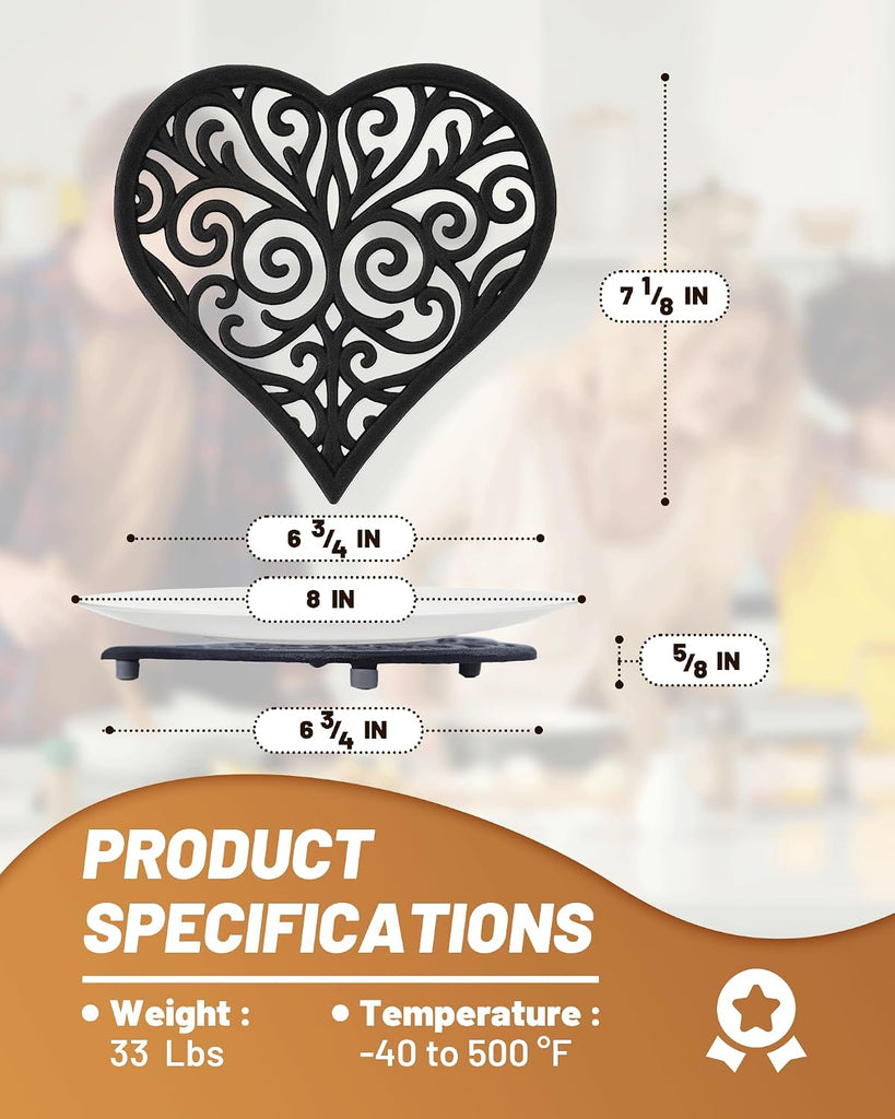Black Heart Cast Iron Trivet & Dining - Romantic Decorative Hot Dish Pad, Heat Resistant Pot Holder with Raised Feet