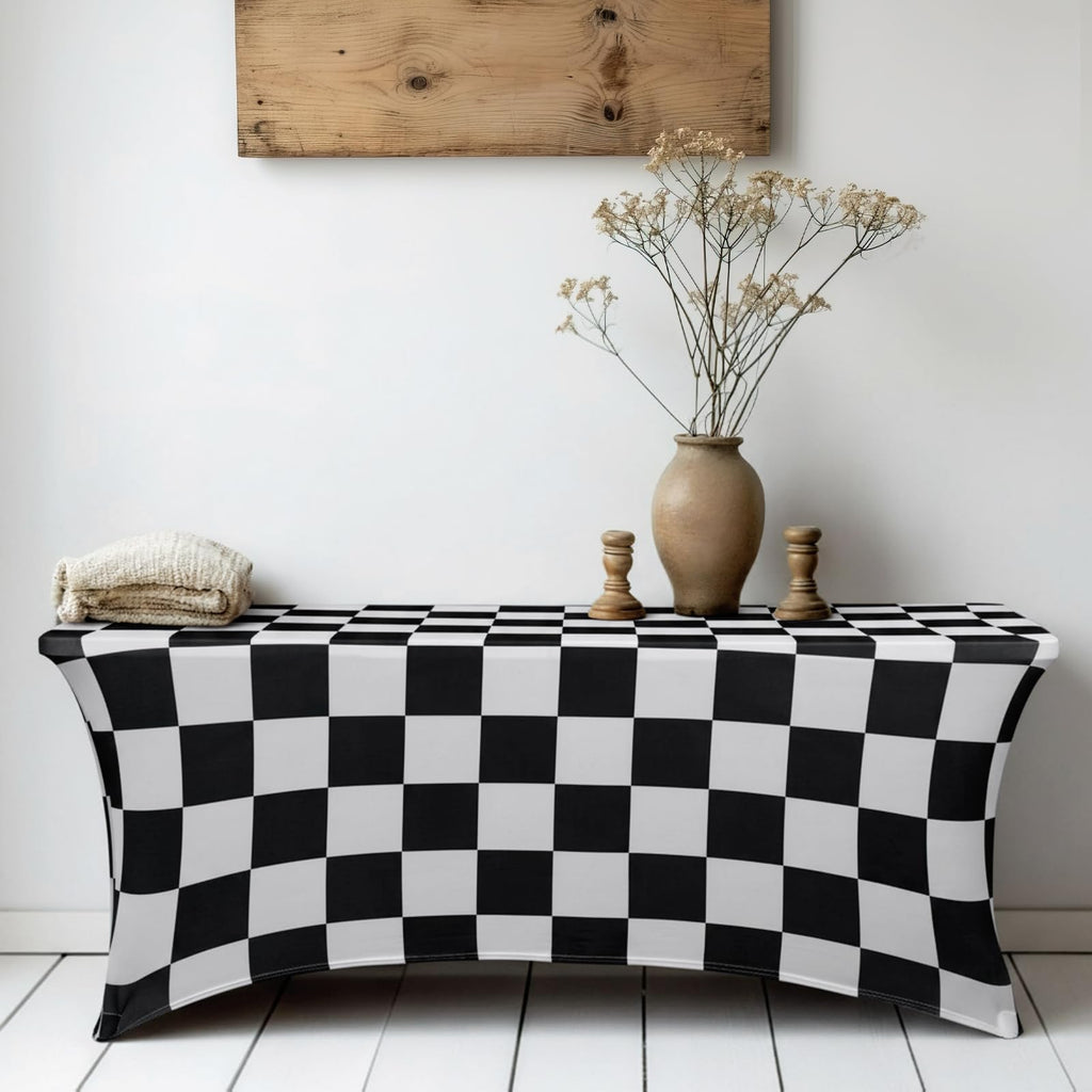 2 Pack 6ft Rectangular Spandex Tablecloth, Black White Checkered