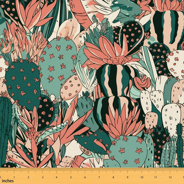 Cactus Fabric By The Yard, Flower Upholstery Fabric, Desert Cacti Plant Flower Decorative Fabric, Japanese Abstract