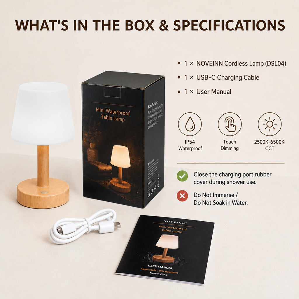 Shower Lamp IP54 Waterproof, Cordless Table Lamp, Wood Grain 1 Pack
