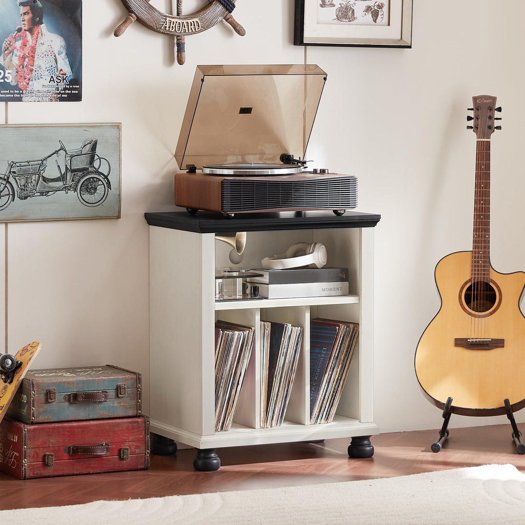 24" Wide Record Player Stand with Vinyl Record Storage, White