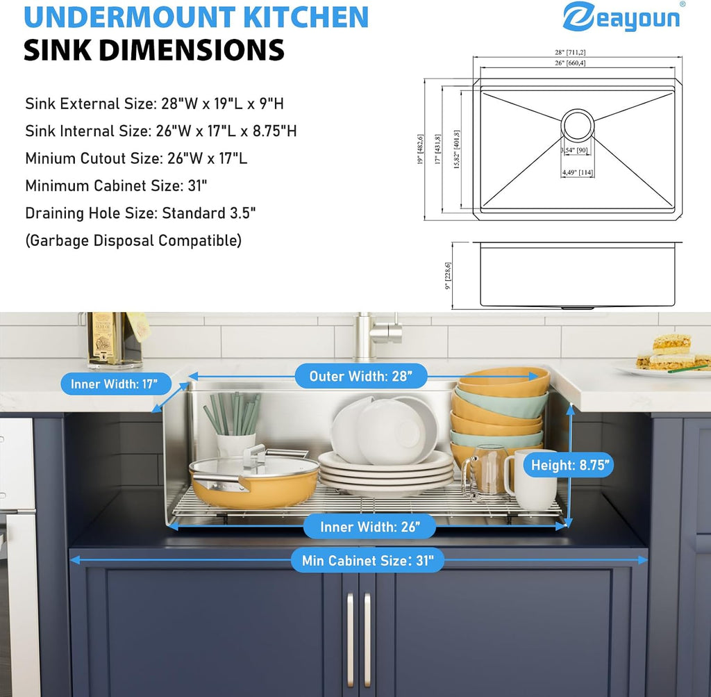 28 Inch Stainless Steel Undermount Kitchen Sink | 28x19 Inch Undermount Sink Ledge Workstation Single Bowl Under